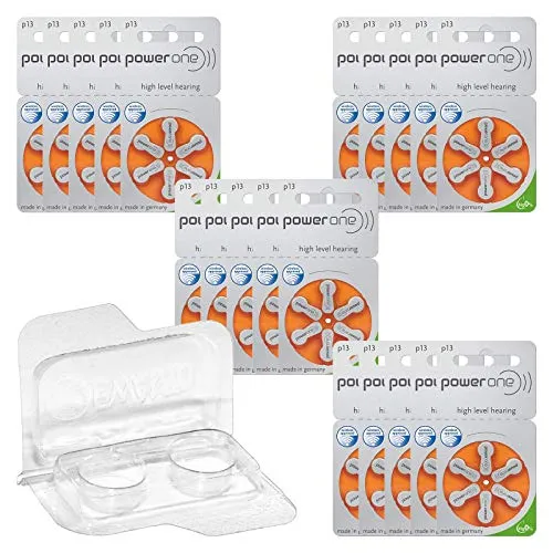 120x Power One p13 Hörgerätebatterien 20x6er Blister PR48 Orange 24606 + Aufbewahrungsbox für 2 Hörgerätebatterien (10, 13, 312, 675), Batteriebox für 2 Knopfzellen bis 12 mm x 6 mm (Ø x H)
