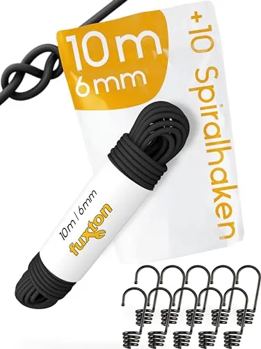 fuxton® Gummiseil (6 mm x 10m + 10 Spiralhaken), Expanderseil, Gummileine, Bungee Cord Marine, Spanngummi Meterware, schwarz