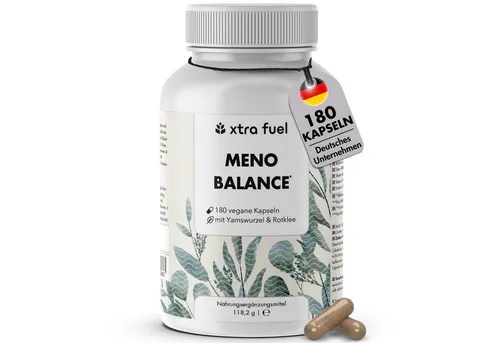 XTRA FUEL Wechseljahre Kapseln - Meno Balance, 180 vegane Kapseln - Vitamine für Frauen in der Lebensmitte, unterstützt den Energiestoffwechsel und reduziert Müdigkeit mit pflanzlichen Inhaltsstoffen wie Yams und Rotklee.