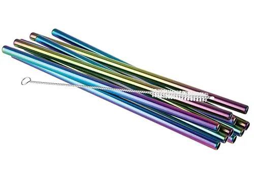 APS 93385 Trinkhalme aus Edelstahl, 10er-Set, inkl. Reinigungsbürste, Ø 8 mm, Länge 21,5 cm, Regenbogen-Look