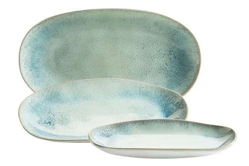 Mäser Servierplatten-Set Frozen Grün - 3-teiliges Servierplatten-Set aus hochwertigem Steinzeug im Vintage-Stil, handlasiert und spülmaschinenfest, ideal für kreative Anlässe wie Partys oder gemütliche Abende.