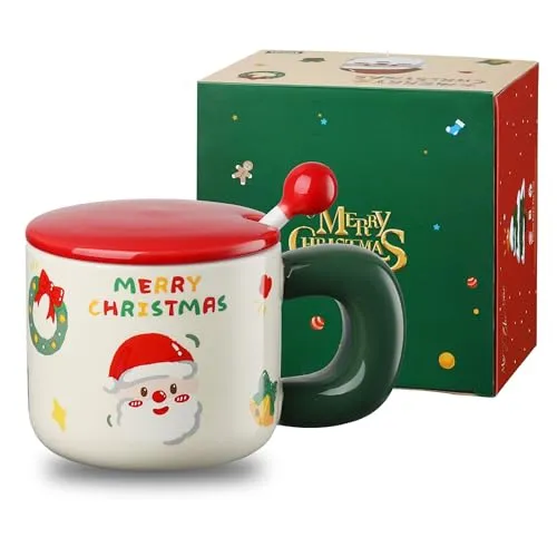 DONGSHANGIFT Weihnachts-Keramikbecher mit Deckel und Löffel 380ml Niedliche Weihnachts-Kaffeetasse Weihnachten Niedliche Keramikbecher für Frauen Männer Kinder mit Geschenkbox
