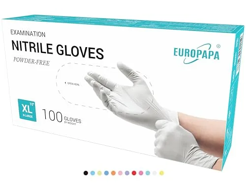 EUROPAPA® 100x Nitrilhandschuhe Box Einweghandschuhe, Einmalhandschuhe, Untersuchungshandschuhe, Nitril Handschuhe, puderfrei, ohne Latex, unsteril, latexfrei, disposible gloves (XL, Weiß)