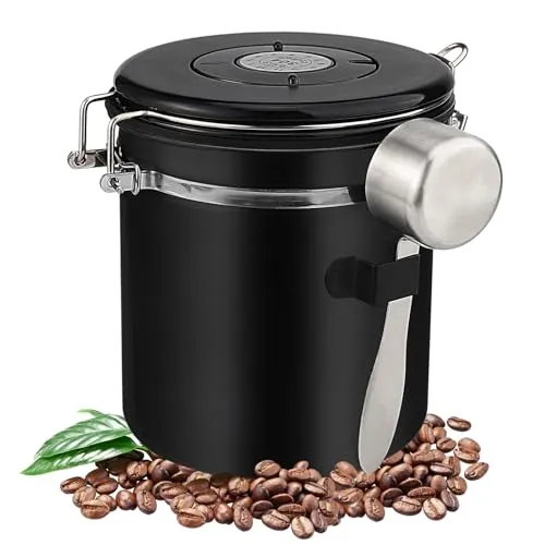Hisdricus Kaffeebohnen Behälter (1,5L),Kaffeedose Luftdicht,Edelstahl kaffeedose,Lebensmittel frisch halten,geeignet zur Aufbewahrung von Kaffeebohnen, Gewürze,Tee und Nüssen(Schwarz)