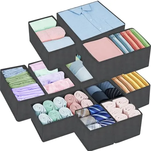 ENCOUN 12erSchubladen Ordnungssystem, Schubladen Organizer, Faltbare Aufbewahrungsbox Stoff, Unterwäsche Organizer, Grau Ordnungssystem Kleiderschrank, Organizer Schublade für BHS, Socken, Kleidung