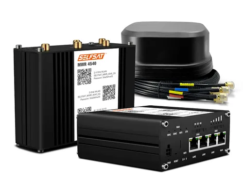 SELFSAT MWR 4540 4G Cat 6 WLAN Router - Router für Wohnmobile mit bis zu 300 Mbps, inklusive wasserdichter SATCO 5G Antenne für stabilen Empfang unterwegs.
