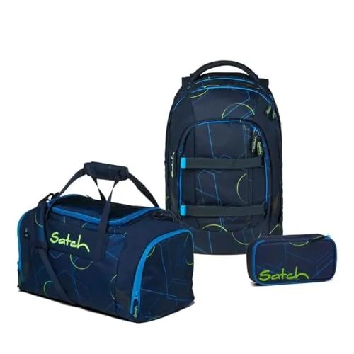 satch Pack Schulrucksack Set 3tlg. (Blue Tech) - Schultaschen Set mit innovativem 3D Soft-Mesh Rückensystem für optimalen Tragekomfort. Inklusive Schlamperbox und Sporttasche – perfekt für den Schulalltag!