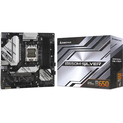 Biostar B650M-SILVER Micro ATX Motherboard - PCIe 4.0, 10+2+2 Phasen Dr.MOS Power für leistungsstarke Gaming-PCs und kreative Anwendungen