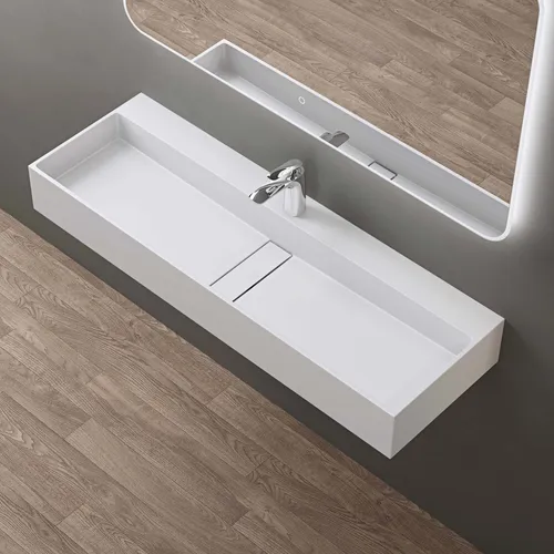 doporro Hängewaschbecken Colossum6028 - 120x40 cm - Waschbecken zur Wandmontage in elegantem Weiß matt, ideal für Familienbäder mit geräumigem Design und einfacher Reinigung dank robustem Mineralguss.