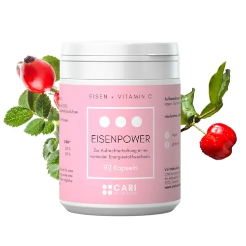 EISENPOWER | Eisen mit Vitamin C | 90 Kapseln | Eisenbisglycinat für hohe Bioverfügbarkeit | vegan & made in Germany