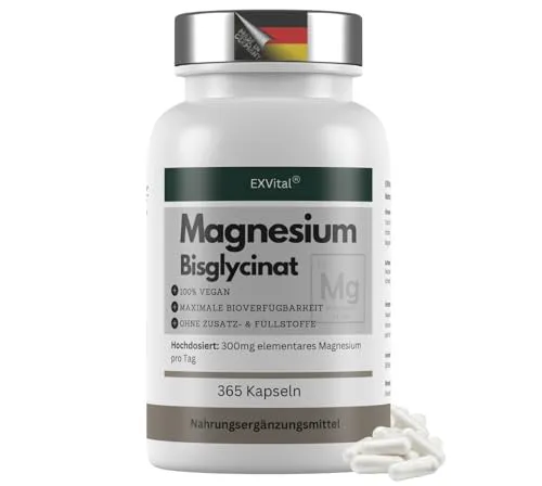 Magnesiumbisglycinat, 365 vegane Kapseln – 300 mg elementares Magnesium pro Tagesdosis, Magnesiumglycinat, hochdosiert & ohne Zusatzstoffe