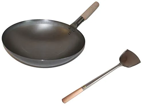 AAF Nommel ®, Wok Set, Pfanne 33 cm Ø runder Boden Carbon Stahl für Gasherd und Induktion Mulde + Wok Spahtel Edelstahl 43 cm lang mit Holzgriff
