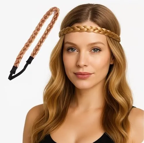 2er Set geflochtenes Stirnband mit Gummizug – Kunsthaar in Echthaar-Optik – elastisches Haarband für Mädchen & Damen