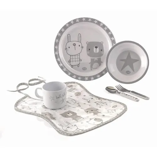 Jané Geschirr-Set, mikrowellen- und spülmaschinenfest, Melamin, inklusive Lätzchen, Teller, Schüssel, Löffel, Gabel, Tasse