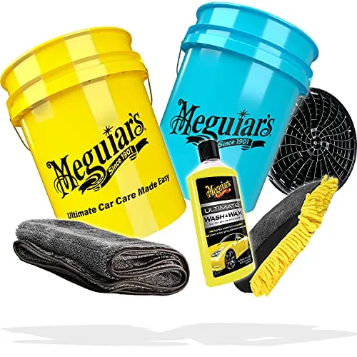 detailmate 2 Eimer Auto Waschset Waschhandschuh + 2X Meguiars Wascheimer + Detail Guardz Wascheimereinsatz + Meguiar´s Wash & Wax Autoshampoo 473ml + Microfiber Monkey Trockentuch
