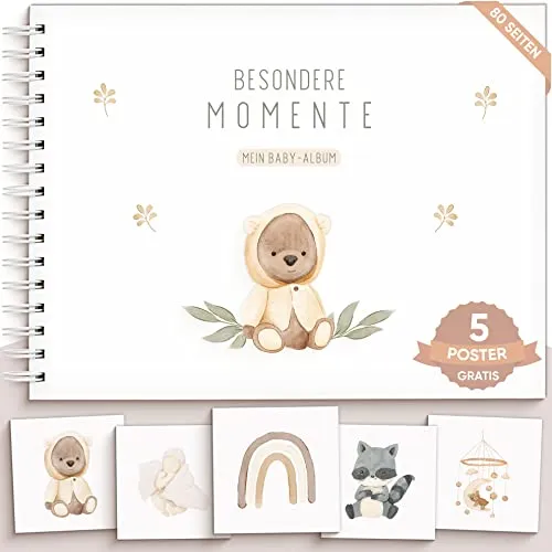 OLGS Babyalbum Teddy Lou Erinnerungsbuch Mein erstes Jahr | Babybuch zum Eintragen: Besondere Momente für Mädchen und Jungen | Ringbuch A4 Fotoalbum mit Babyzimmer Poster