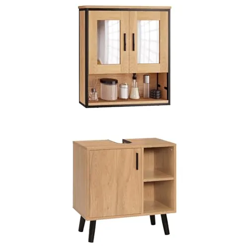 EUGAD Badmöbel Set, Waschbeckenunterschrank mit Tür und 2 offenen Ablagen, Badschrank mit 2 Spiegeln, Schrank im Badezimmer, aus Holzwerkstoff, helle Eiche schwarz