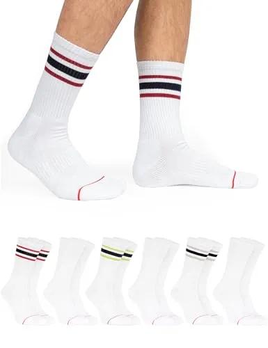 OCERA Active Premium Retro Sport und Freizeit Socken für Damen & Herren,6 Paar Tennissocken mit weicher Frottee Sohle mit Farbstreifen weiss 43-46