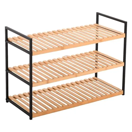 Raburg Schuhregal & Schuhablage, Bambus, 3 Böden, Metallrahmen Schwarz, Schuhregal aus Holz & Aufbewahrungsregal für Flur, Schlafzimmer oder Bad Kava