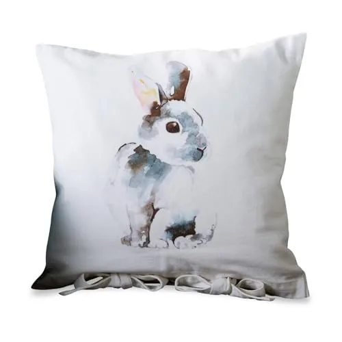Loberon Kissenhülle Rabbit, Zauberhafter Aquarell-Druck, Kissenbezug mit Hasenmotiv, mit Zwei Bindebändern, Ostertextilien, Ostern, Osterdeko, Baumwolle, weiß