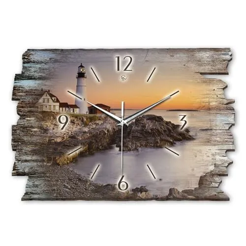 Kreative Feder Designer Wanduhr „Leuchtturm“ aus Holz 40x27cm im Shabby Style Design - Designeruhr mit flüsterleisem Uhrwerk ohne Ticken (Leuchtturm, leises Quarzuhrwerk)