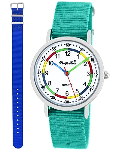 Pacific Time Lernuhr Mädchen Jungen Kinder Armbanduhr 2 Armband türkis + royal blau analog Quarz 11053