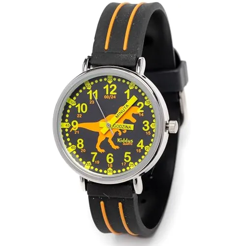 Kiddus Lern Armbanduhr für Kinder. Analoge Armbanduhr mit Zeitlernübungen. Time Teacher. Polish, T-Rex.