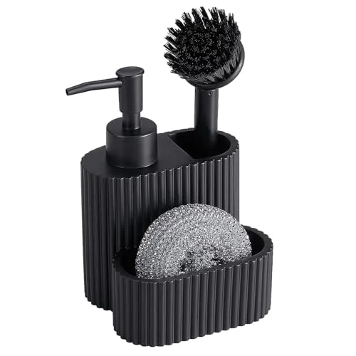 Spülbecken Organizer Schwarz, 3-teiliges Spülmittelspender Küche Set mit Seifenspender, Spülbürste und Metallschwamm, Spüle Organizer aus Kunststoff für Küchen Bad