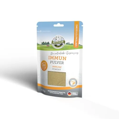 Bellfor Immunpulver für Hunde 250 g – Ergänzungsfuttermittel zur Unterstützung des Wohlbefindens - ERGÄNZUNGSFUTTER MIT WERTVOLLEN INHALTSSTOFFEN – Das Immunpulver ist ideal für Hunde in belastenden Phasen. Es unterstützt die Vitalität und eignet sich besonders für aktive und ältere Hunde. Einfache Fütterung mit hoher Verträglichkeit.