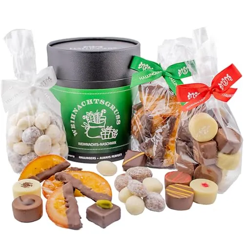 Hallingers Genuss Manufaktur Geschenkkorb Geschenkset Weihnachten – Feinkost Mix mit Pralinen Mandeln Orangenscheiben, in edler Geschenkose, weihnachtliches Premium Geschenk, 