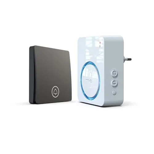 m-e Funkklingel KB-100 mit Sender und Empfänger für 1-Familienhaus | Kinetischer Türklingelsender mit 100 Meter Reichweite | Türglocke für Netzbetrieb, ohne Baterrie