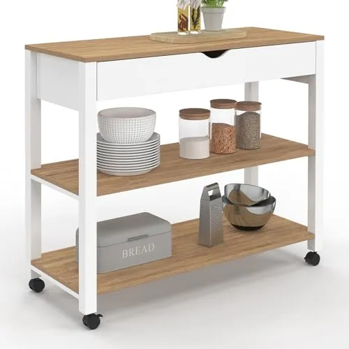 IDMarket Küchenwagen PENH XXL mit Schublade und weißer Arbeitsplatte