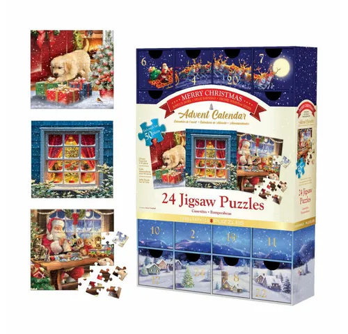 Eurographics Adventskalender Merry Christmas - 24 Überraschungspuzzles - Adventskalender mit 24 Puzzles, jeden Tag eine neue Überraschung! Kunst von Lucia Heffernan, jedes Puzzle mit 50 Teilen, ideal für kreative Vorfreude auf Weihnachten.