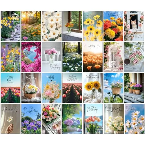 the lazy panda card company Set 30 Geburtstagskarten Glückwunschkarten zum Geburtstag mit Umschlag. Grusskarte Blumen Geburtstagskarte Happy Birthday Mann Frau Karten Karte