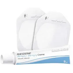 Anesderm 25 mg/G + 25 mg/G Creme + 10 Pflaster 25 G - Pflaster zur schmerzfreien Hautanwendung, ideal vor medizinischen Eingriffen wie Bluttests oder kleineren Operationen. Enthält die Lokalanästhetika Lidocain und Prilocain für effektive Betäubung.