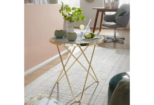 FineBuy Beistelltisch Marmor Optik Weiß Rund Ø55 cm mit Gold Metallgestell - Beistelltisch fürs Wohnzimmer, klein und elegant, ideal als Dekotisch oder Blumentisch für eine gemütliche Atmosphäre.