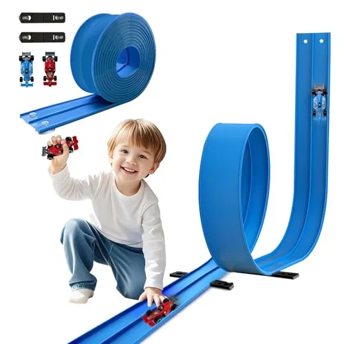 Autorennbahn Rennbahn 4.5M für Hot Wheels, Flexible Rennstrecke Auto Autorennbahn Rennbahn Spielzeug ab 3 4 5 6 Jahre,Rollt Auf Tragbare Dual Rennstrecke Bahn für 1/64th Autos