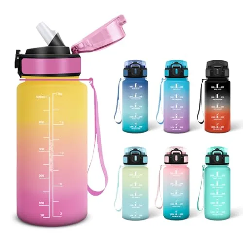 Motswedi Trinkflasche, 0.5L BPA-Frei, Trinkflasche mit Strohhalm, Kohlensäure Geeignet,Trinkflaschen Sport, Auslaufsicher, Wasserflasche, Sport Flasche für Yoga, Gym, Schule, Outdoors, Gelb Rosa