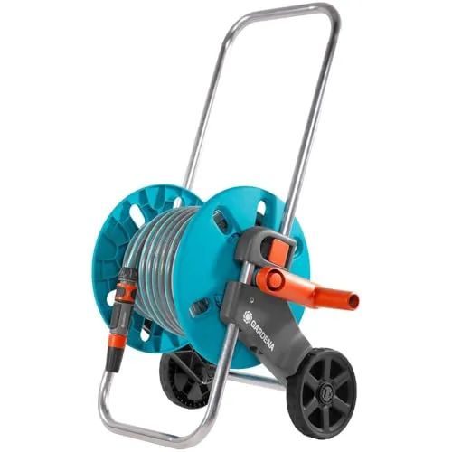 Gardena 18502-26 Aquaroll Schlauchwagen S Set, komplett mit 20 m Schlauch, Systemteilen und Sprühdüse, Grau, Türkis, Schwarz, Silber, Orange, 36x44x48cm