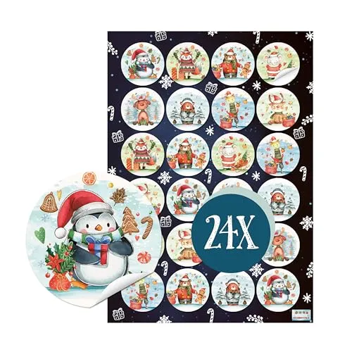Weihnachtsaufkleber Tiere, 24 Stück: Aufkleber Weihnachten Klein, Weihnachtssticker Selbstklebend, Kleine Sticker Rund, Weihnachtliche Etiketten Geschenke, Basteln, Geschenkaufkleber Kinder, Ø 4 cm