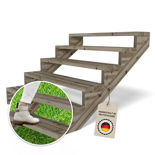 Gartenwelt Riegelsberger Terrassentreppe Breite 120 cm Treppe mit 5 Stufen Geschosshöhe 89 cm Massivholz Kiefer kesseldruckimprägniert Komplett-Set Wangen, Bohlen & Schrauben