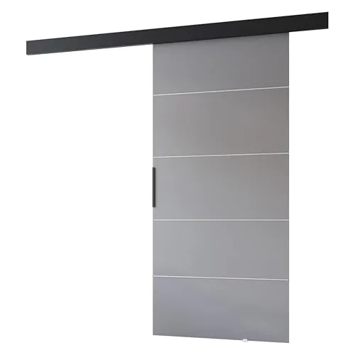 MINIO go for it - Schiebetüren 86 cm, Schiebetür Zimmertür PRIM B, Schiebetürsystem für Zimmer, Dekorative Streifen, Wandmontage, Türe Innen - Silber/Schwarzer Griff, Grau/Schwarz