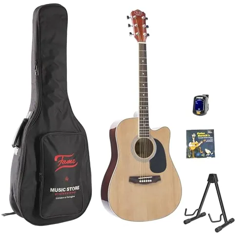 J & D D-60 Cutaway NT Dreadnought Westerngitarren-Set, Fichtendecke, X-Bracing, Mahagonihals, Composite-Griffbrett, Multi-Ply Binding, Chrom-Hardware, inklusive Saiten, Ständer, Gigbag, Stimmgerät