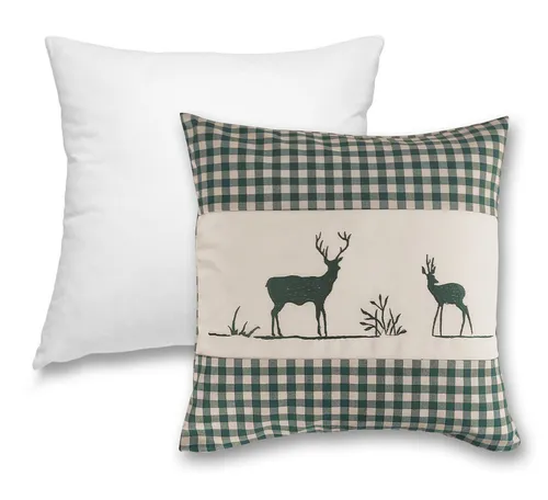 wometo Kissenhülle Landhaus Karo mit Stickerei Herz oder Hirsch, 40x40 cm, (1 Stück), OEKO-TEX®, Karo, Herz & Hirsch-Stickmotiv, MIT Füllung
