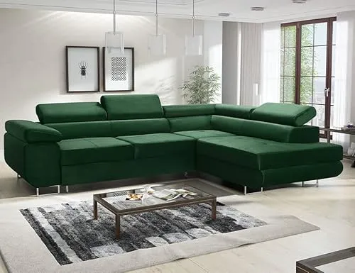 MODERNO Ecksofa mit Schlaffunktion und Bettkasten Avesta - Sofa +3 Sitzen mit Robusten Metallfüße - Schlafcouch L-Form - Modern Couch 277x203x73 cm - Ecke Rechts Velours Flaschengrün