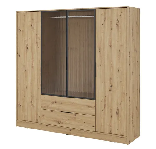 Lomadox Kleiderschrank KNOCK-160 in Eiche Nb., 206 cm mit Glastüren - Moderne Kleiderschranklösung KNOCK-160 in Eiche Nb. mit 2 Glastüren, 2 Drehtüren und 2 Schubkästen. Bietet viel Stauraum und eine stilvolle Organisation für deine Kleidung und Accessoires. Ideal für ein elegantes Schlafzimmer!