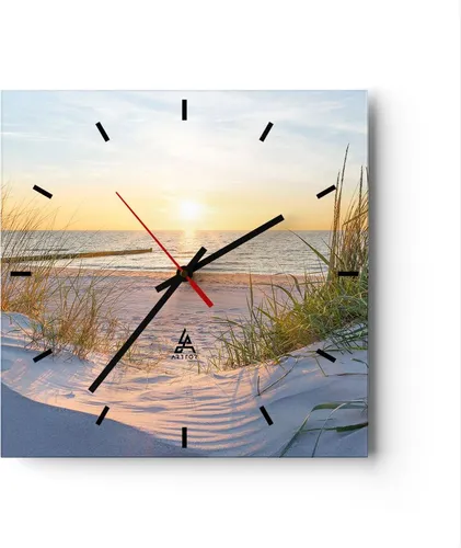 Wanduhr - Quadrat - Glasuhr - Düne Strand Meer - 30x30cm - Schleichendes Uhrwerk - Lautlos - zum Aufhängen bereit - Dekoration Modern - Wanddekoration aus Glas - C3AC30x30-3989