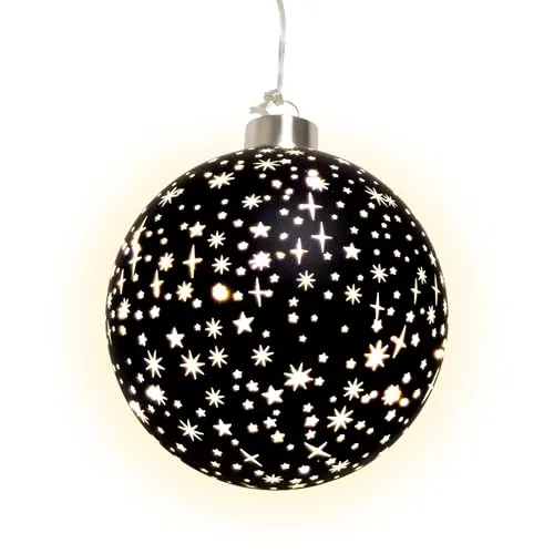 Spetebo LED Weihnachts Glaskugel Sterne schwarz matt mit Timer - 12 cm - Deko Kugel warm weiß beleuchtet Batterie betrieben - Advent Winter Stimmungslicht Christbaumkugel edel elegant