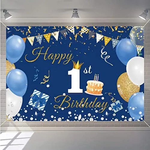 1. Geburtstag Deko Junge Mädchen, Erster Geburtstag Banner Blau, Happy 1 Birthday Stoff Schild Plakat Hintergrund Banner Geburtstagsfeier Deko