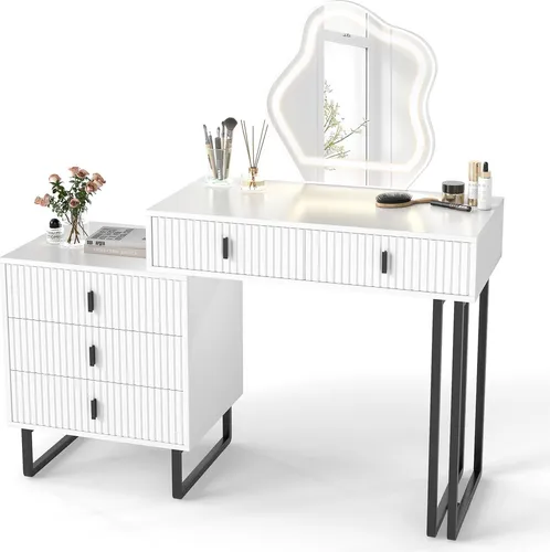 COSTWAY Schminktisch mit LED Spiegel und 5 Schubladen – Modernes Design in Weiß/Schwarz